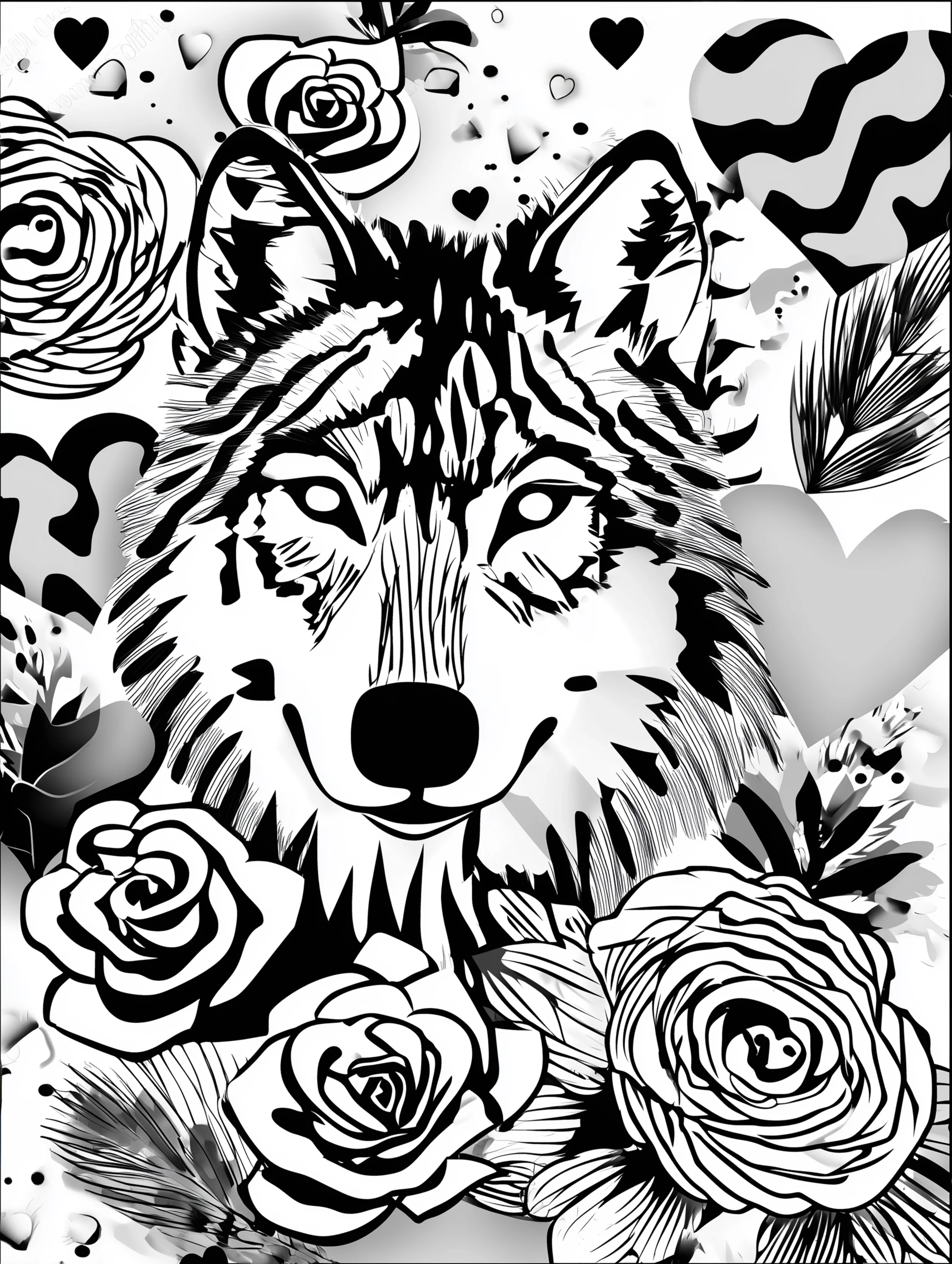 Free printable wolf coloring page for adults featuring a forward facing floral wolf